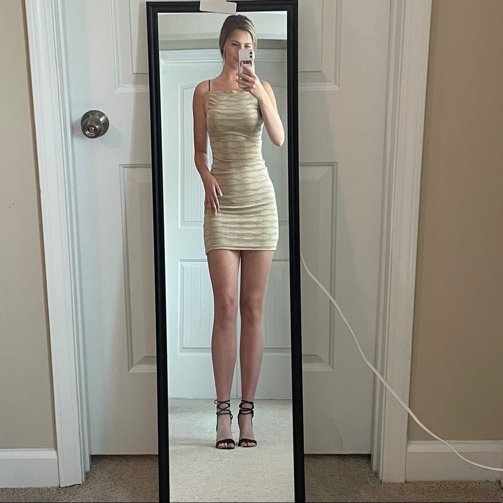 Tan Mini Dress with Black and White Detailing